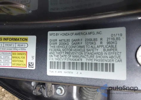 2019 Honda Accord Sport из США, поврежденный, VIN 1HGCV1F37KA043478